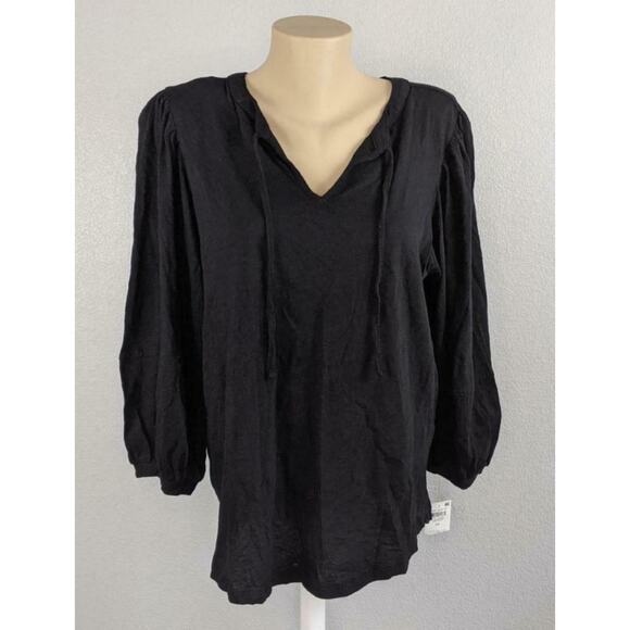 Style & Co Blouse 0X Balloon Sleeve Tassel Ties Black Split Neck Career Layering - Picture 1 of 8